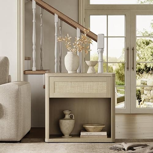 SICOTAS Night Stand Set of 2 26" Wide Large Nightstands with Drawer & Shelf Storage Rattan Bedside Table Boho End Table Tall Bed Side Tables Night Stands for Bedroom Living Room Sofa Office, Sand Oak thumbnail 4