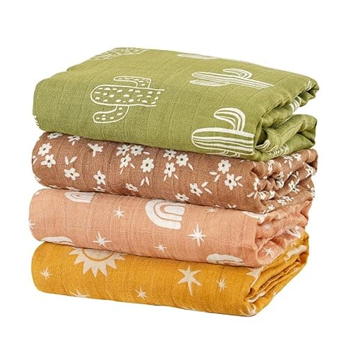 CoolaPeach 4 Set Muslin Swaddle Blankets for Newborn Baby Boys, Girls,Receiving Blankets-Cute Soft Print Baby Towel Wrap 120x110cm Baby(Cactus) - Cactus