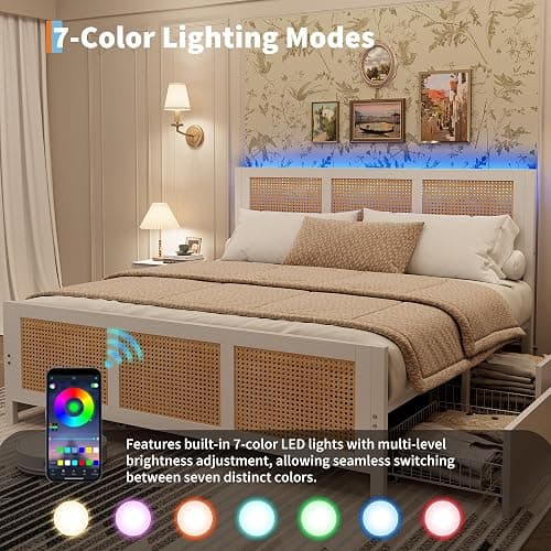 Garvee Rattan Full Bed Frame with LED Headboard (7 Colors), Boho Cane Platform Bed with 4 Large Drawers, Strong Metal Slats Support, Noise Free, No Box Spring Needed, Easy Assembly, White thumbnail 3