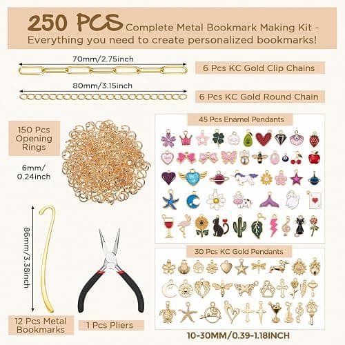 Tudomro 250 Pcs Metal Bookmarks Making Kit, DIY Metal Bar Bookmark Kit, DIY Craft Supplies with Charms, Jump Rings, Chains and Tools, Jewelry Making for Custom Bookmark Crafts (Cute) thumbnail 2