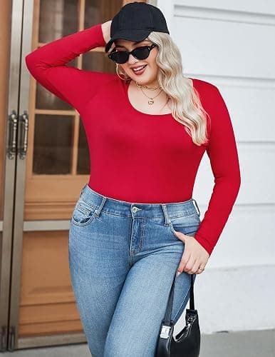 IN'VOLAND Women's Plus Size Long Sleeve Shirts Scoop Neck Slim Fitted T Shirt Stretchy Bodycon Basic Tee Tops thumbnail 5