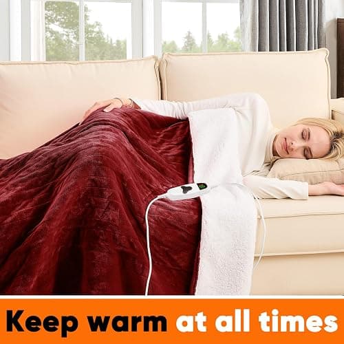 greenoak Heated Blanket Electric Throw 50"X60", Heating Blanket with 10 Heat Levels 1/2/4/6/8 Hours Auto-Off Overheat Protection, Flannel Sherpa Soft Warm Heater Blanket, ETL Certified Red thumbnail 4