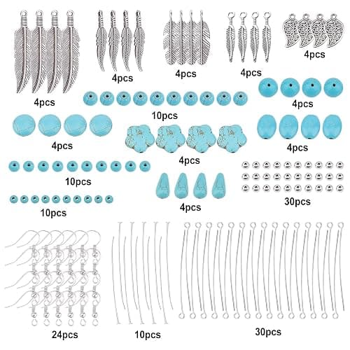 SUNNYCLUE 1 Box DIY 12 Pairs Turquoise Bead Dangle Earrings Making Kit Alloy Enamel Leaf Feather Pendants Charms with Eye Pin & Earring Hooks for DIY Earring Jewelery Making, Antique Silver thumbnail 3