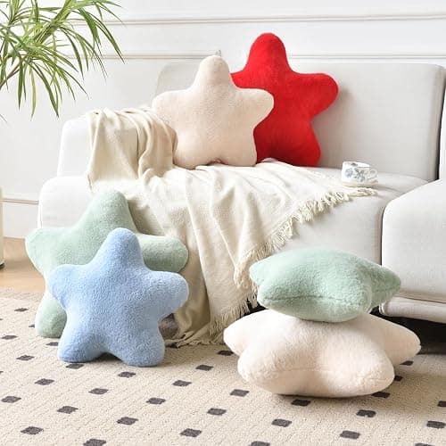Xiashrk Star Pillow, Decorative Throw Pillows for Bed Couch, 15" Star Shaped Pillow Plush Floor Cushions Room Decor Pillow with Faux Rabbit Fur for Sofa Bedroom Living Room (Red, 15" x 15") thumbnail 2