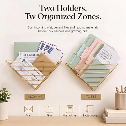 Home Office Magazine Rack, 2 Pack Wall File Organizer with 4 No-Drill Adhesive Hooks, Gold Metal Wall Mounted Magazine Holder for Mail, Folders, Papers and Reading Materials in Entryway, Living Room thumbnail 4