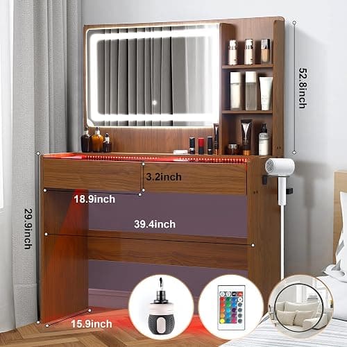 Cielozen Vanity Desk，Transparent Desktop, Multiple Color Ambient Lights, with Mirror and Tri Color Light Strip, Dressing Table with Charging Station, Equipped with 2 Drawers, Peach Colored thumbnail 2