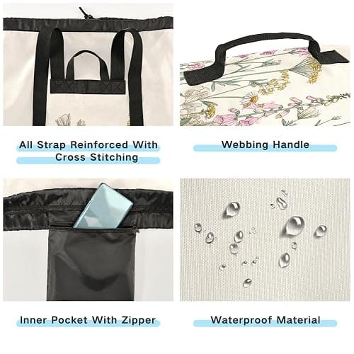 Flower Leaves Beige Laundry Bag Backpack Dirty Clothes Organizer With Strap and Handles Washable for College Travel Camp Dorm Essentials thumbnail 4
