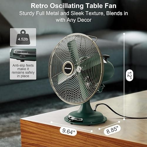 AMACOOL Oscillating Vintage Fan, All Metal 8" Retro Table Top Fan, Adjustable Head Tilt, Quiet 3 Speeds Plug-In Desk Fan for Bedroom Home Office & Kitchen thumbnail 2