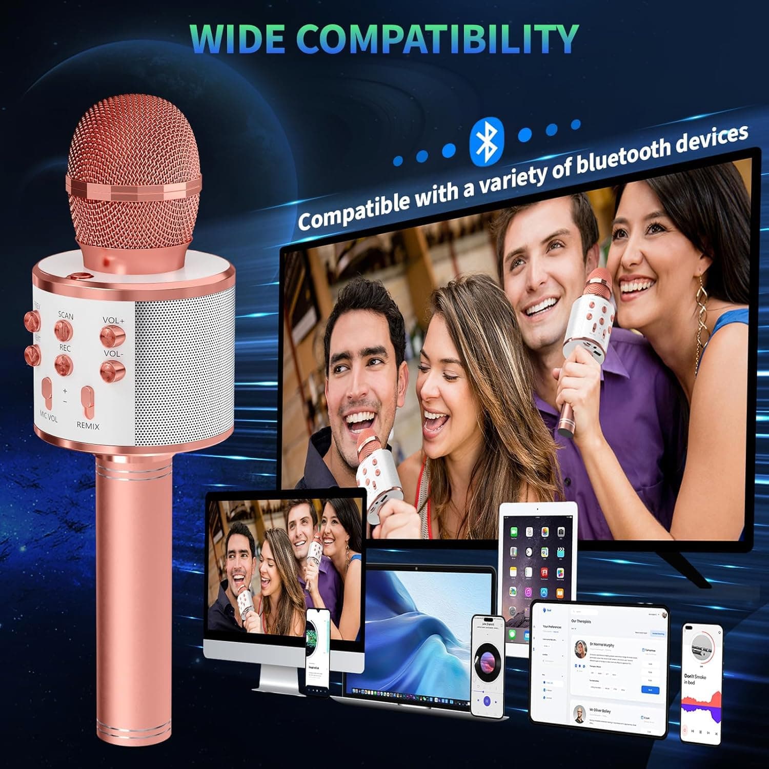 Wireless Bluetooth Karaoke Microphone for Kids, 5-in-1 Portable Handheld Karaoke Mic Speaker Player Recorder with Adjustable Remix FM Radio for Kids Girls Boys (with 32G TF Card,Rose Gold) thumbnail 2