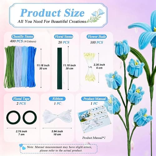 400 Pcs Pipe Cleaner Flower Kit Blue Pipe Cleaners Bulk Craft for DIY | with 5 colors Chenille Stems with Instruction Floral Tape, Ribbon, Flower Centers, and Stems thumbnail 3