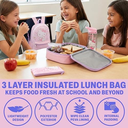 Get Trend Hello Kitty Sanrio Kids Backpack Set, 4 Pcs Large School Bag Rucksack with Pencil Case, Insulated Lunch Bag & 500ml BPA Free Water Bottle, School Supplies Gifts (Pink Hello Kitty) thumbnail 5