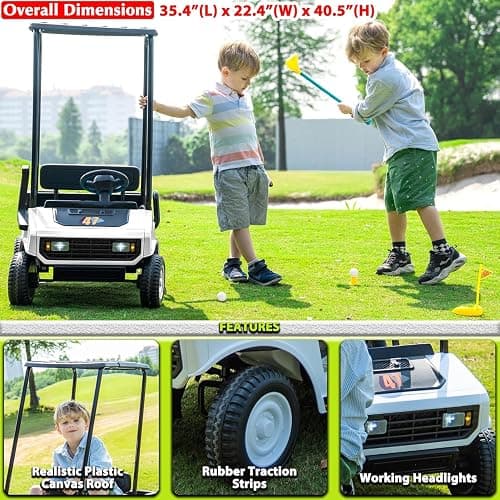 sopbost 2 Seater Ride On Car with Remote Control 2WD 12V Electric Mini Golf Cart for Kids Boys Girls Age 3-5, Bluetooth, Plastic Roof, Rear Storage Box - White thumbnail 6