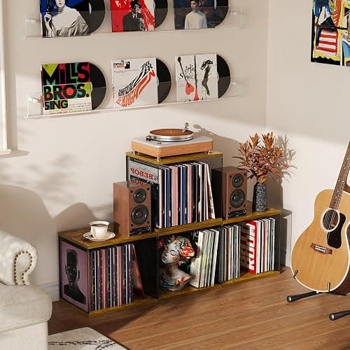 1 Cube Vinyl Record Storage Furniture Wooden Record Holder Shelf Storage | Modular Stackable, 55-70 Vinyl Album Visualize Record Storage Box for Portable Record Player thumbnail 4