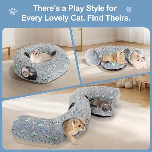 Cat Tunnel Bed, Foldable Cat Donut Tunnel with Removable Cushion & Toy Ball, Stress Relief Fun, Round Pet Play Tunnel for Indoor Cats, Kittens and Small Pets (3D Dinosaur Pattern) thumbnail 3