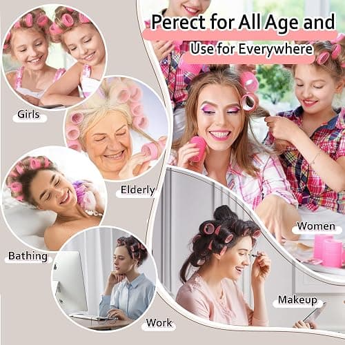 4 Sizes Self-Grip Hair Rollers Set with Clips - 4 Sizes for Long, Short Hair & Bangs (25mm, 36mm, 48mm, 60mm), Pink (PINK, 4 Sizes) thumbnail 6