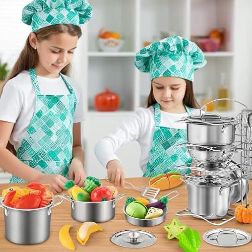 12Pcs Kids Pretend Play Kitchen Accessories Toy Stainless Steel Metal Pots and Pans Playset with Rack Mud Kitchen Accessories Toy Pots and Pans for Kids Toddler Age 3 Years Old thumbnail 9