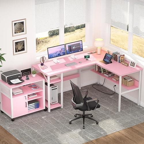 Unikito Reversible L Shaped Desk with Magic Power Outlets and USB Charging Ports, Sturdy Corner Computer Desk with Storage Shelves, Gaming Table Home Office Desk, Easy to Assemble, Pink thumbnail 2