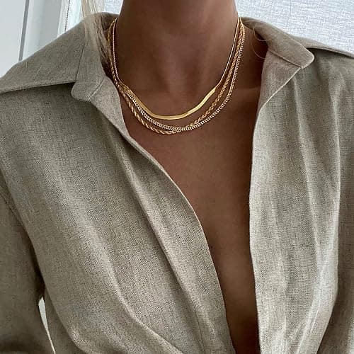 DEARMAY 14K Gold Plated Necklaces for Women, Dainty Gold Herringbone Choker Necklace Thin Layered Snake Chain Jewelry for Gifts thumbnail 6