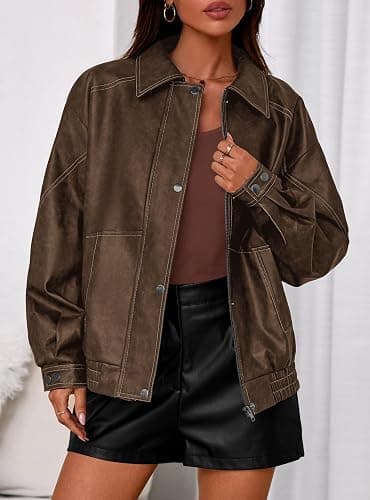 PRETTYGARDEN Faux Leather Jacket Women Bomber Motorcycle Zip Up Jackets Oversized Fall Fashion Outfits 2025 Winter Coats thumbnail 7