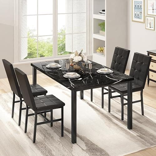 Hooseng Kitchen Table Set 5 Piece Dining Room Table Set Marble Dining Table 4 Chair Dining Table Set for Kitchen Living Room Breakfast Small Spaces (Black) thumbnail 2