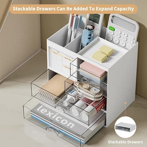 QIYVLOS Desk Organizer with 3 Drawer, Multi-Functional Pencil Pen Holder for Desk, Desk Organizers and Storage with 8 Compartments, Desktop Organizer for Office Home Art Supplies (White) thumbnail 6
