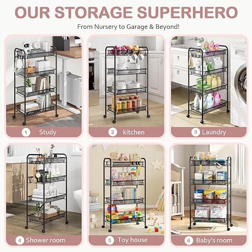 TOOLF 4-Tier Rolling Cart, Metal Utility Cart with 3 Hooks, Easy Assemble Mobile Storage Trolley On Wheels, Metal Shelving Units Kitchen Bathroom Laundry Room thumbnail 8