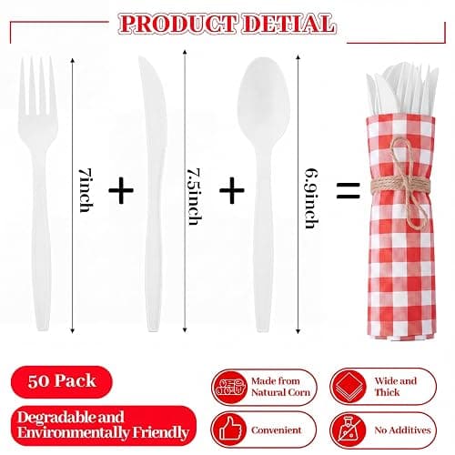 Lanties 200 Pcs BBQ Party Supplies Red White Gingham Biodegradable Disposable Tableware Set for 50 Guests Knives Spoon Fork Paper Napkins for BBQ Baby Shower Birthday Wedding thumbnail 3