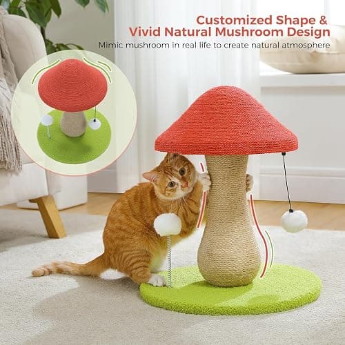 PETEPELA Mushroom Cat Scratching Post, Cat Scratcher Cute with 100% Sisal Covered Scratching Post & Pompoms Toy, Mushroom Cat Post for Indoor Cats thumbnail 2
