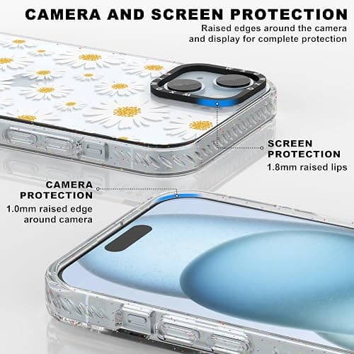 WXQWXQ for iPhone 15 White Daisy Flower Clear Phone Case | TPU+PC Premium Painted Anti-Drop Phone Case Superior Shock Absorption Military-Grade Drop Protection thumbnail 4
