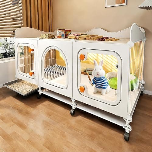 VNE Rabbit Cage with Storage Shelf & Wheels, Bunny Cage Indoor | Storage Shelf, Wheels, Transparent Door, Pull-Out Tray - Image 1
