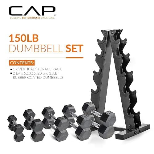 CAP Rubber Coated Hex Dumbbell Set with Storage Rack | 100–210 lb Options, Space-Saving Vertical Compact Storage for Home Gym Strength Training thumbnail 2