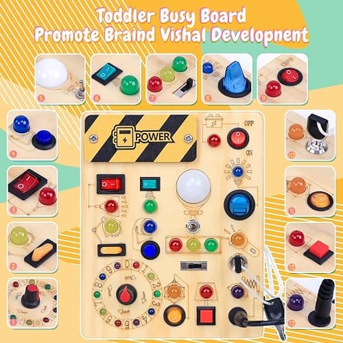 Busy Board with LED Light Switches, Montessori Toys for 1 2 3 Years Old, Toddlers Wooden Toy Sensory Activity Board, Travel Toys for 1+ Year Old Boy & Girl Birthday Gift thumbnail 2