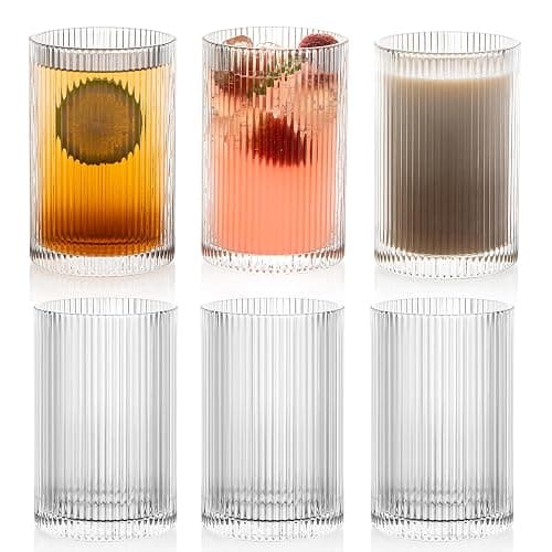 POLIDREAM Vintage Ribbed Glassware Set: 6pcs 16.9oz Drinking Glasses, Fluted Ripple Drinkware, Origami Style, Elegant Glassware for Whiskey, Cocktail, Iced Coffee, Juice, Beer, Soda - Image 1