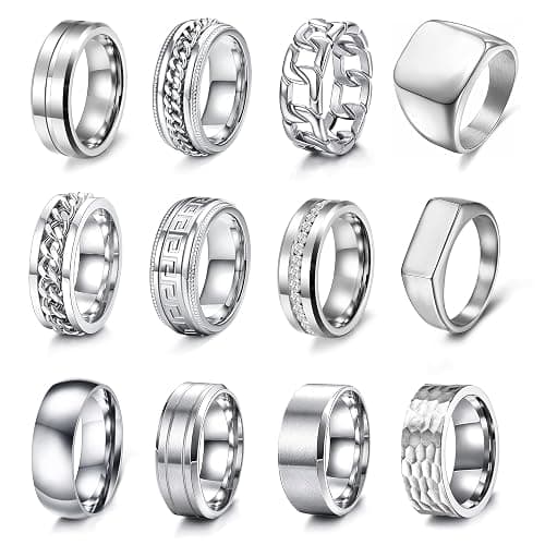 EIELO 12pcs Stainless Steel Band Rings - Silver, Modern, Wedding & Everyday Occasion - No Gemstones, Unisex, Size 7-14 - Image 1