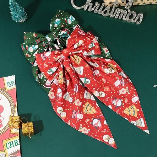 OAOLEER 2PCS Christmas Hair Bows for Women 8 Inch Red Green Satin Layered Hair Clips with Santa Claus and Christmas Tree Pattern Xmas Long Tail French Style Hair Accessories for Girls thumbnail 7