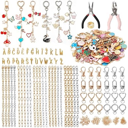Pjordo 410Pcs Charm Lip Gloss Keychain Making Kit, Gold & Silver Keychain Kit, for Stimulate Creativity & Foster Emotional Interaction, for Girls, Teen & Boys, DIY Making Kit Suitable for Beginner - Image 1