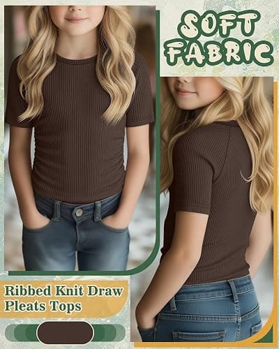 LessonZoo Girls Short Sleeve Shirts Kids Ribbed Knit Side Ruched Tops Crew Neck Slim Fit Tees Summer Basic Cute 5-14 Years thumbnail 5