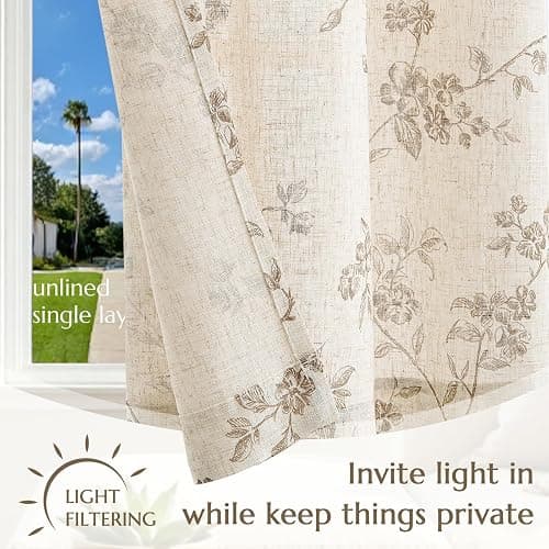 jinchan Floral Kitchen Curtains 24 Inch Linen Tier Curtains Farmhouse Cafe Half Window Drapes Over Sink Light Filtering Taupe on Beige for Living Room Laundry Tie Top 2 Panels thumbnail 6