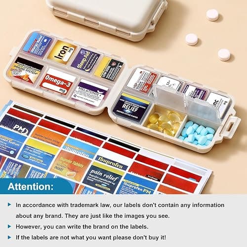 14 Grids Travel Pill Organizer Box with 415-Pcs Medicine Name Labels - Pocket Daily Pharmacy Case Container Kit - Travel Medication Holder Dispenser for Fish Oil Vitamin Supplement Storage - Khaki thumbnail 4