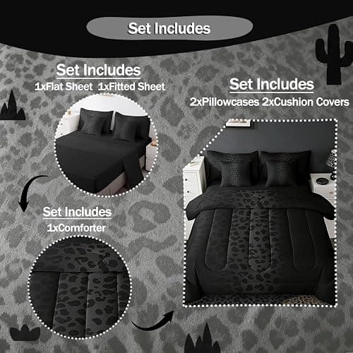 Feelyou Animal Print Leopard Cheetah Comforter Set Full Size Bed in a Bag | Bed All Season Bedding Set 7Pcs Black Warm Cozy Breathable Lightweight thumbnail 5