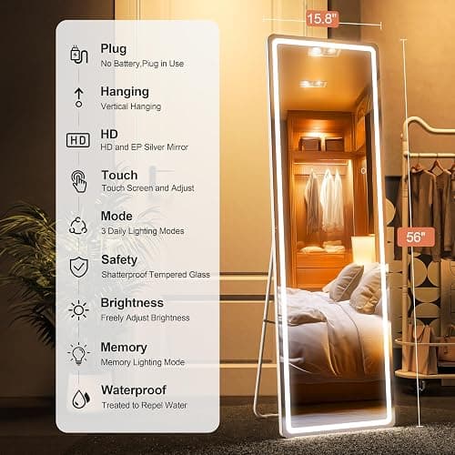 WINNICE Full Length Mirror with Lights, 56" x 15.8" LED Lighted Floor Standing Body Mirror, Dimmable & 3 Color Lighting for Bedroom, Cloakroom, Dressing Room, Tempered Glass, White thumbnail 3