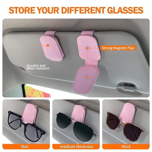 KIWEN Sunglasses Holders for Car Visor, Magnetic Leather Glasses Eyeglass Clip for Car, Ticket Card Clip Sunglasses Mount, Car Visor Accessories Gadgets (1, Pink) thumbnail 4