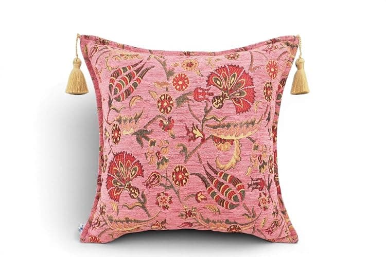 YUSUF COLLECTION - Turkish Fabric Pillow Cover 18x18, Pale Pink Boho Throw Pillow, Caucasus Carnation Pattern Decorative Sofa Accent Ethnic Cushion - Image 1