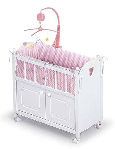 Badger Basket Wooden Toy Doll Bed with Storage, Mobile, and Bedding to Pretend and Play - Includes Wheels and Free Personalization Kit - White with Pink Gingham Fabric - Image 1