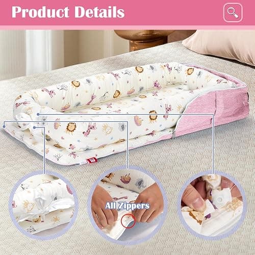 Loevin Baby Lounger for Newborns & Infants 0–24 Months, 100% Cotton Breathable Infant Support Cushion with Adjustable Size, Portable Baby Nest for Home and Travel, Baby Shower Gift (Animal World Pink) thumbnail 4