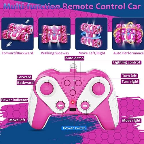 Kikikid Remote Control Car for Girls, Rechargeable RC Cars Toys with Cool Lights, 2.4Ghz Double Sided Drift RC Stunt Cars, 360°Rotating 4WD Off-Road Race Car for 4-6 6-12 Girl Kids Gifts thumbnail 4