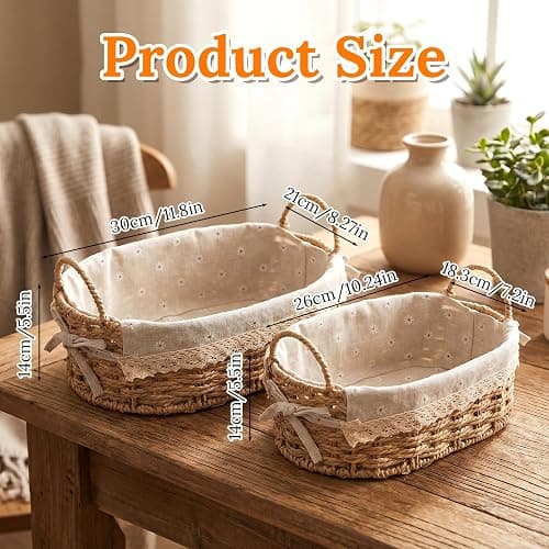 2Pcs Small Wicker Storage Baskets with Handles & Liners for Organizing | Hand-Woven Cute decorative Basket for Home Shelves Organizing, Storage and Deco thumbnail 3