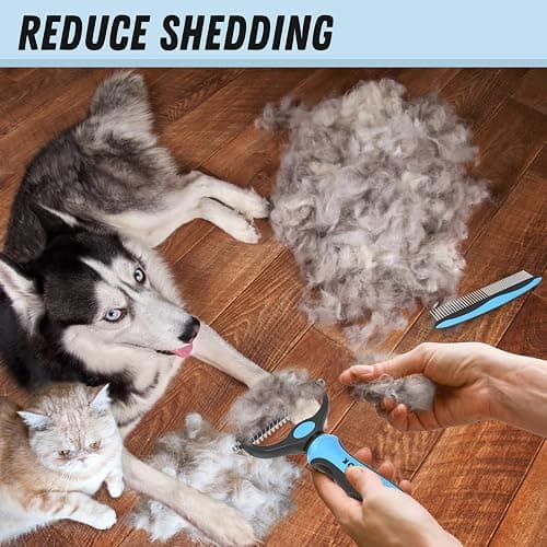 Docrok Pet Grooming Combo - Blue Deshedding Brush with Metal Comb for Detangling and Dematting Long, Matted Fur on Cats and Dogs thumbnail 5