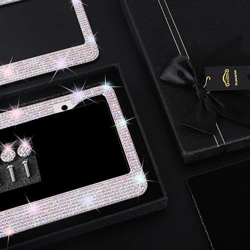 Bling License Plate Frames with High End Ribbon Gift Box,2 Pack Rhinestone License Plate Frame,Handcrafted Crystal Premium Stainless Steel Bling License Plate Frame for Women,Party,Birthday,Xms Gift thumbnail 2