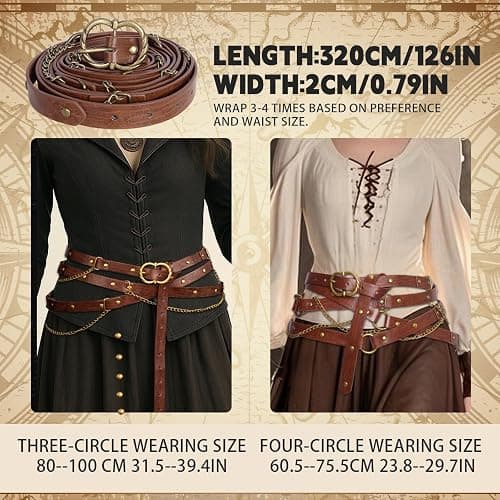 TobWeaL Medieval DIY Pirate Belt, Metal Chain Adjustable Leather, Retro Renaissance Belts for Women Dresses thumbnail 4
